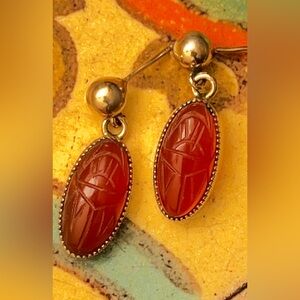 Vintage 14K Gold Carnelian Scarab Earrings - 1” Egyptian Revival Drop SOLD